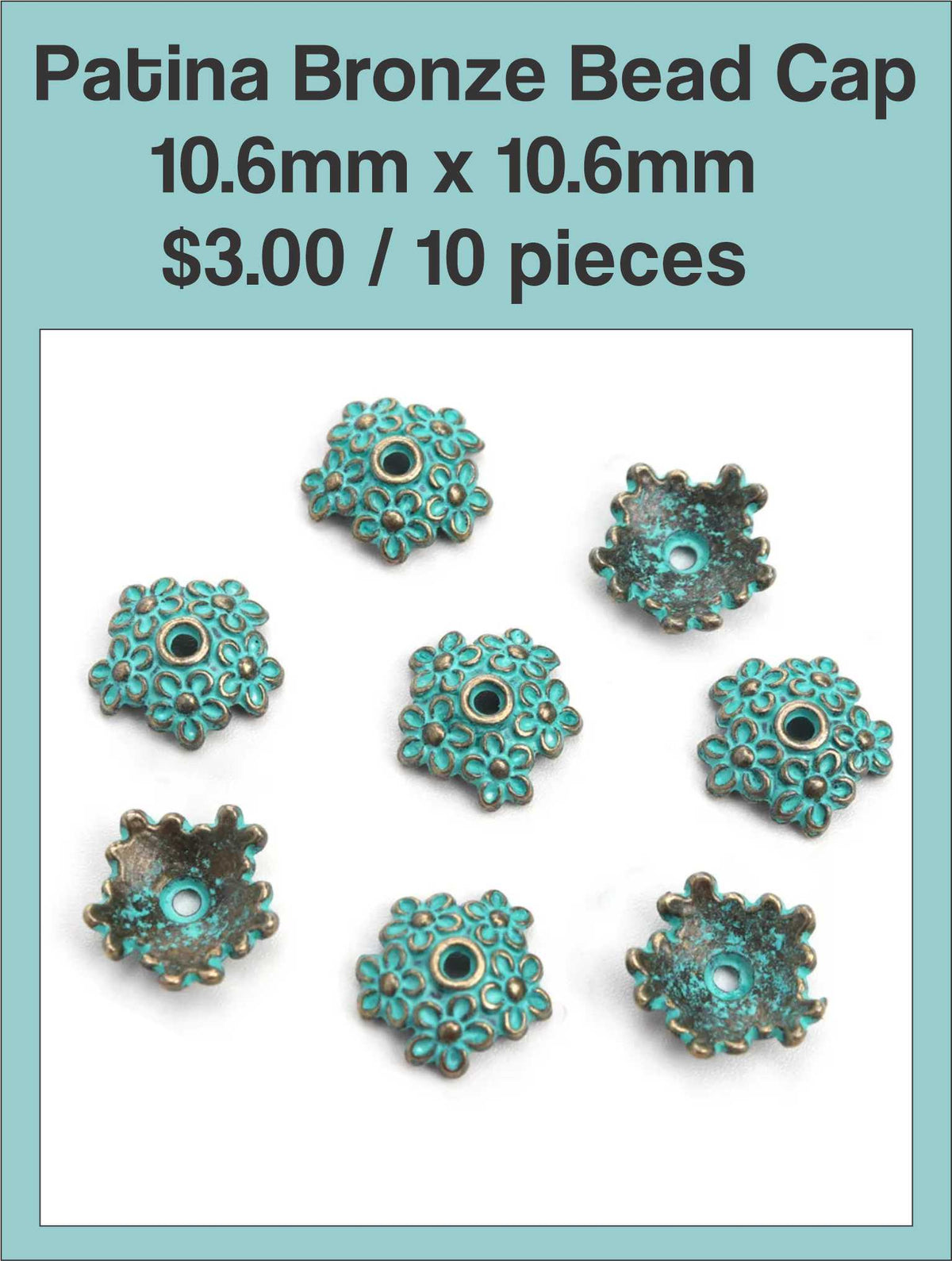 Ten patina bronze bead caps, 10.6mm x 10.6mm, with a green verdigris finish