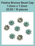 Ten patina bronze bead caps, 7.2mm x 7.2mm, with a green verdigris finish