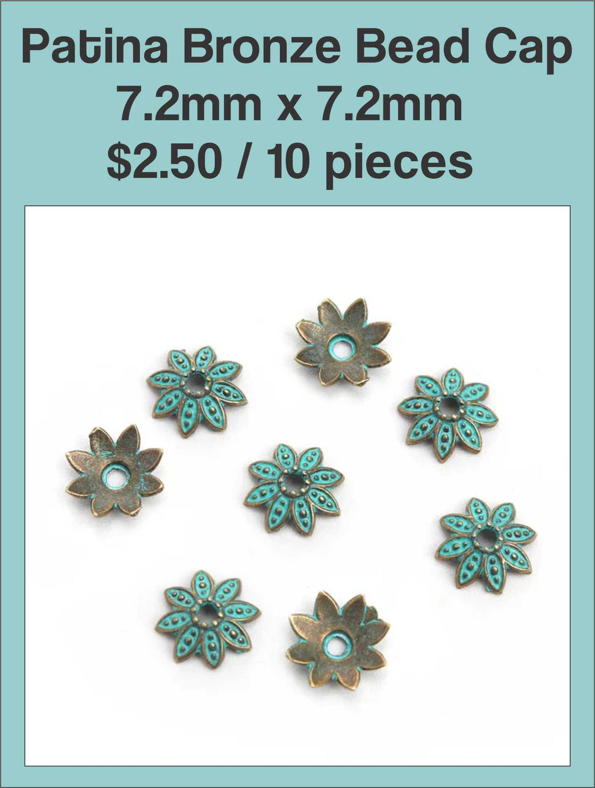 Ten patina bronze bead caps, 7.2mm x 7.2mm, with a green verdigris finish