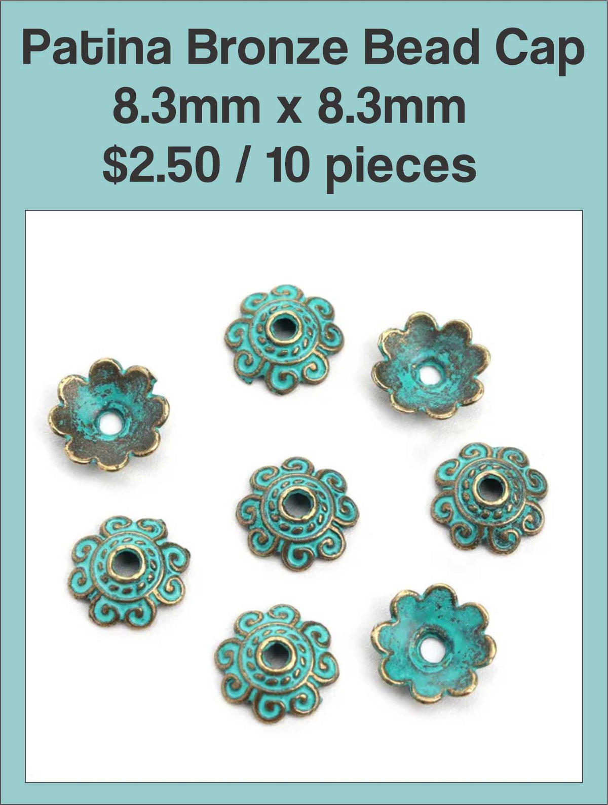 Ten patina bronze bead caps, 8.3mm x 8.3mm, with a green verdigris finish