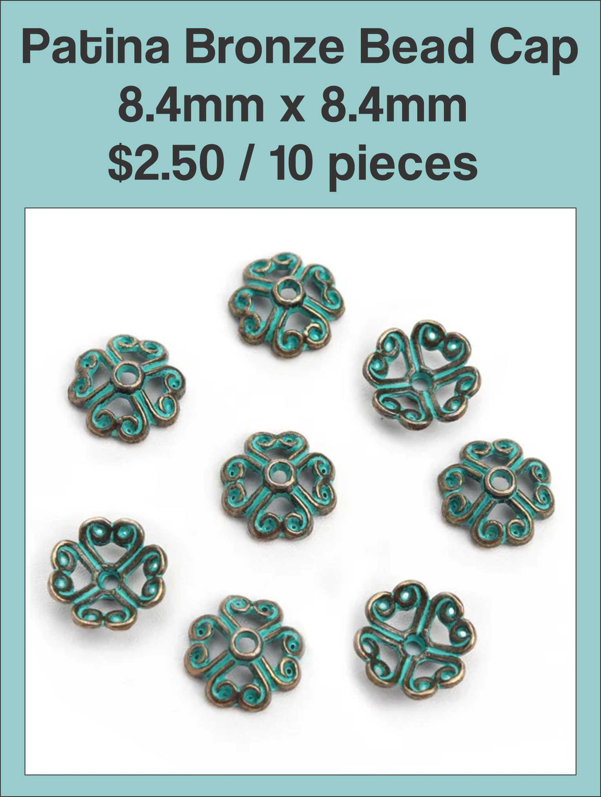 Ten patina bronze bead caps, 8.4mm x 8.4mm, with a green verdigris finish