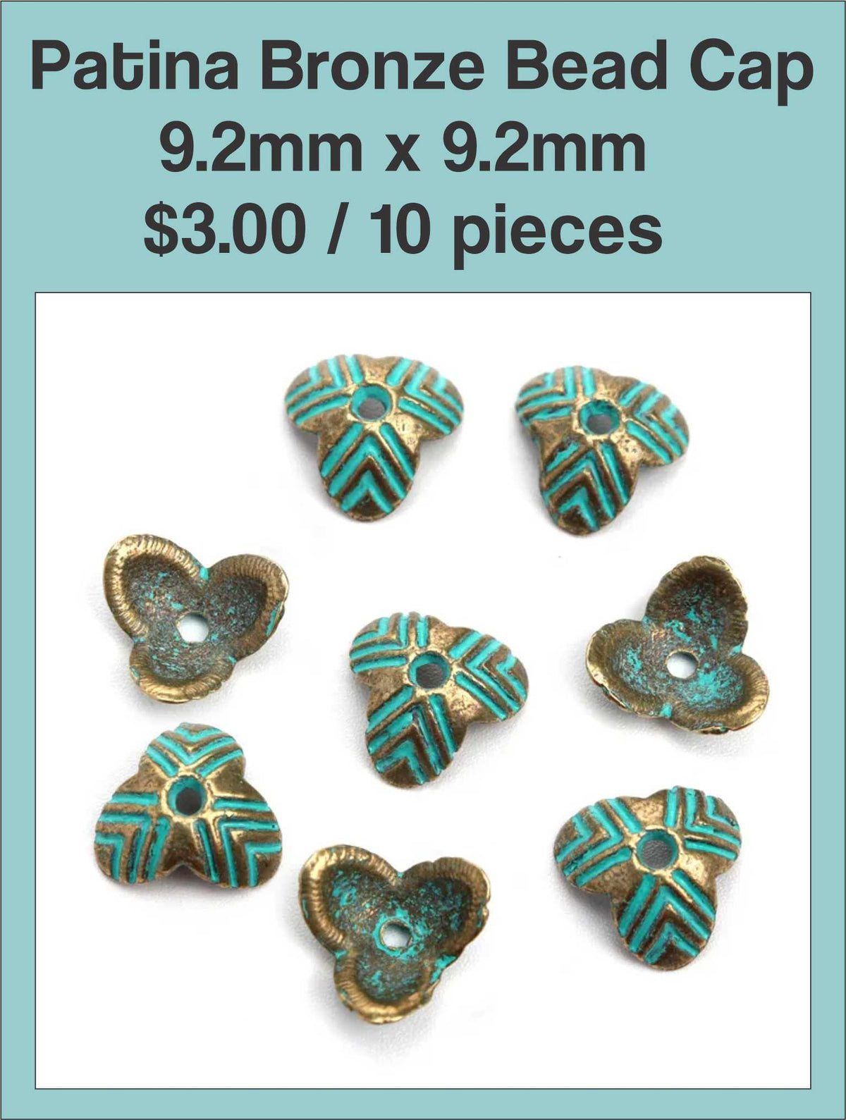 Ten patina bronze bead caps, 9.2mm x 9.2mm, with a green verdigris finish
