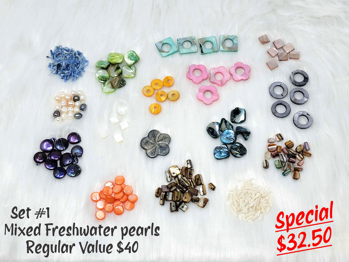 Pearl bundle set #1: mixed freshwater blue, purple, orange, pink and grey shell and pearl pieces