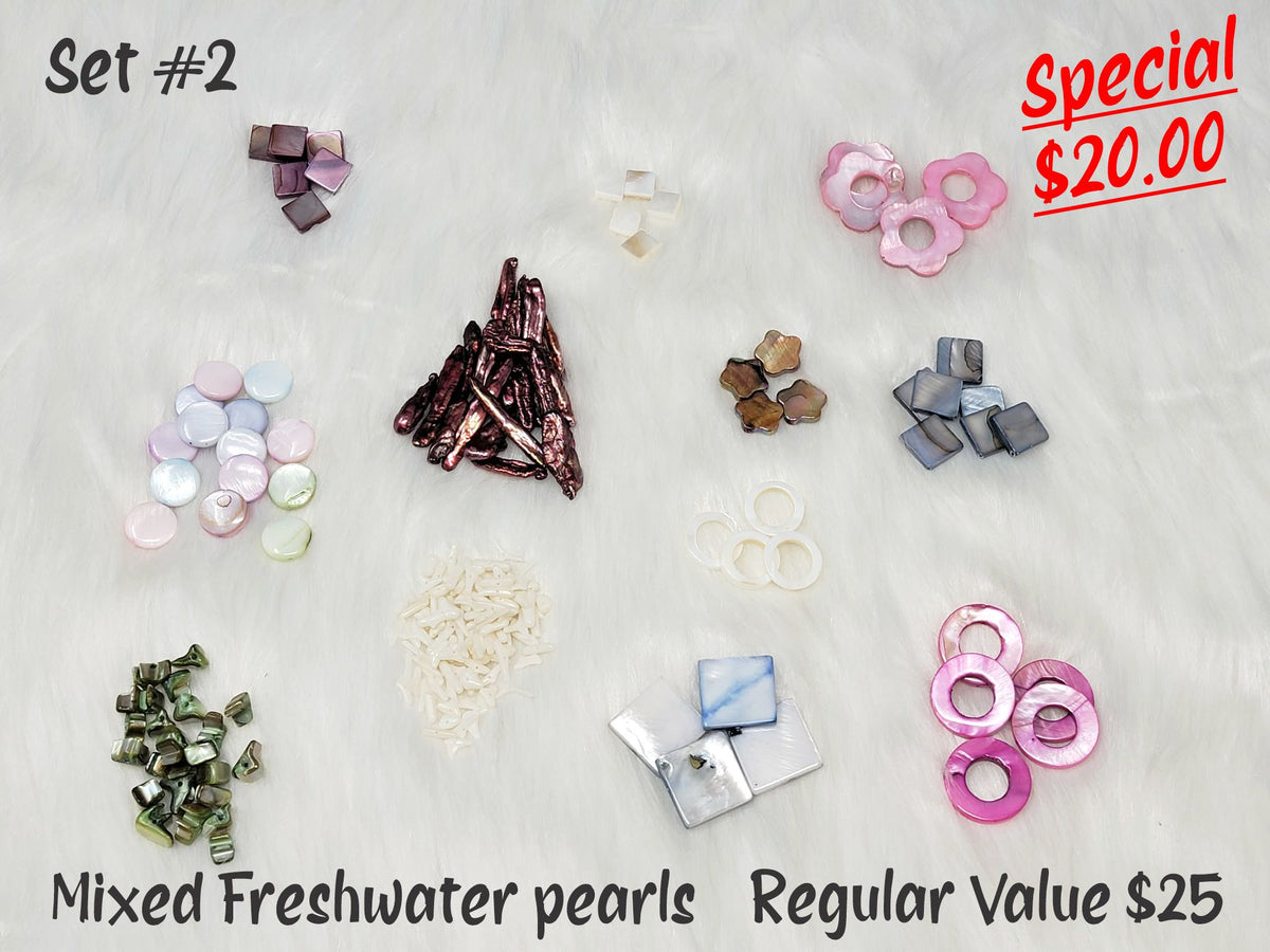 Pearl bundle set #2: mixed freshwater pink, brown, grey and green shell and pearl pieces