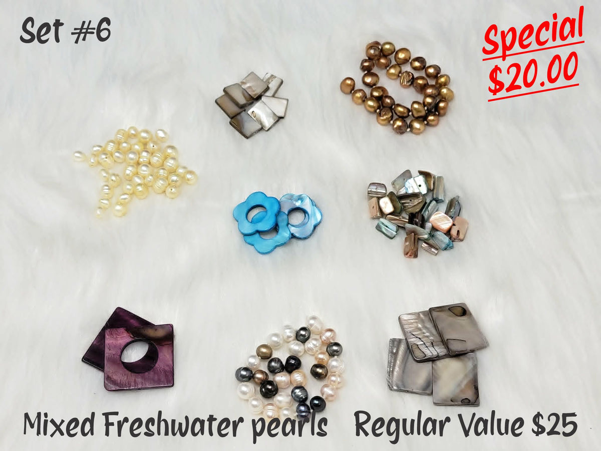 Pearl bundle set #6: mixed freshwater cream and bronze pearls with blue and purple shell