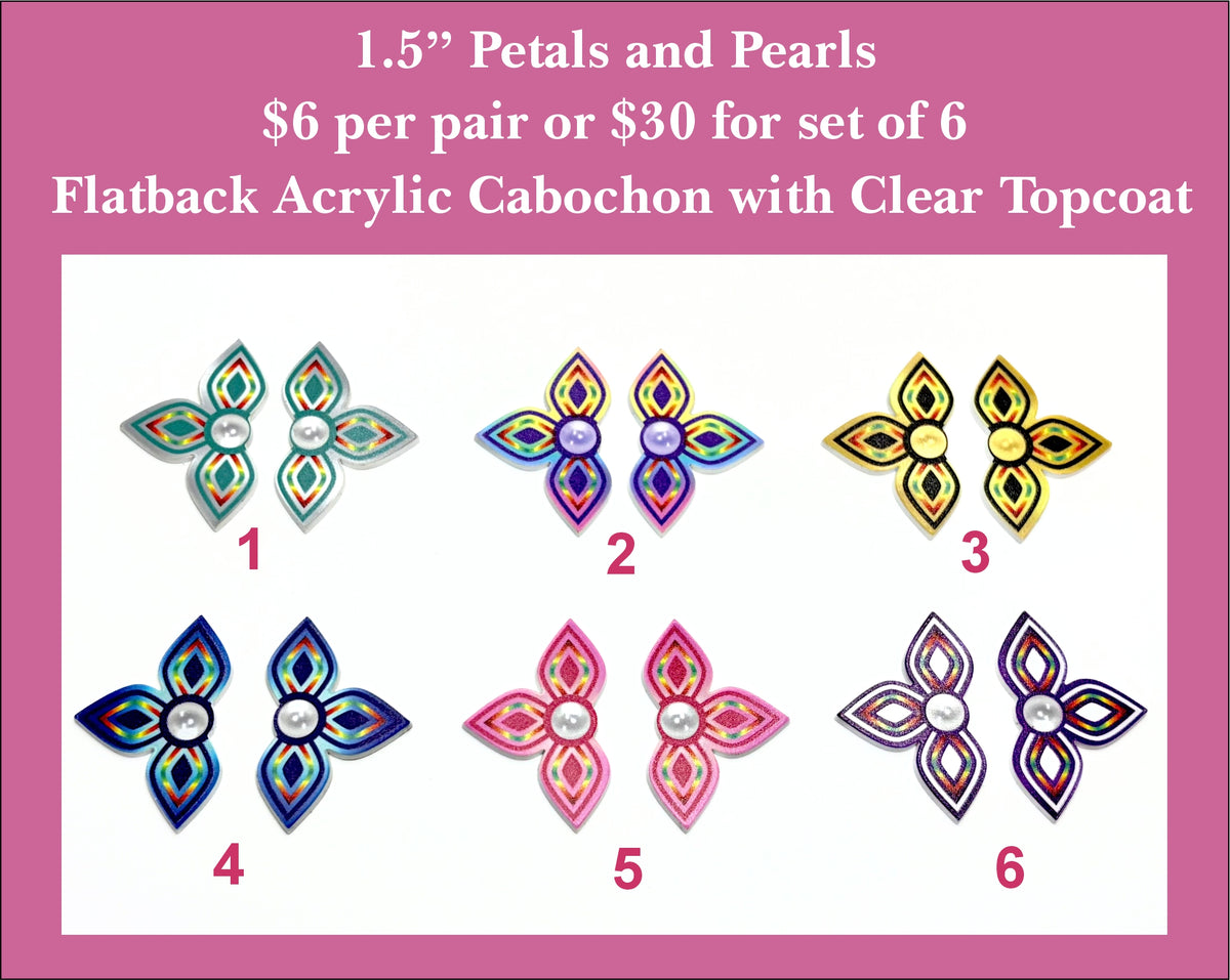 Six pairs of 1.5 inch UV-printed acrylic petal cabochons (cabs) with pearl centres in green, blue, gold and pink