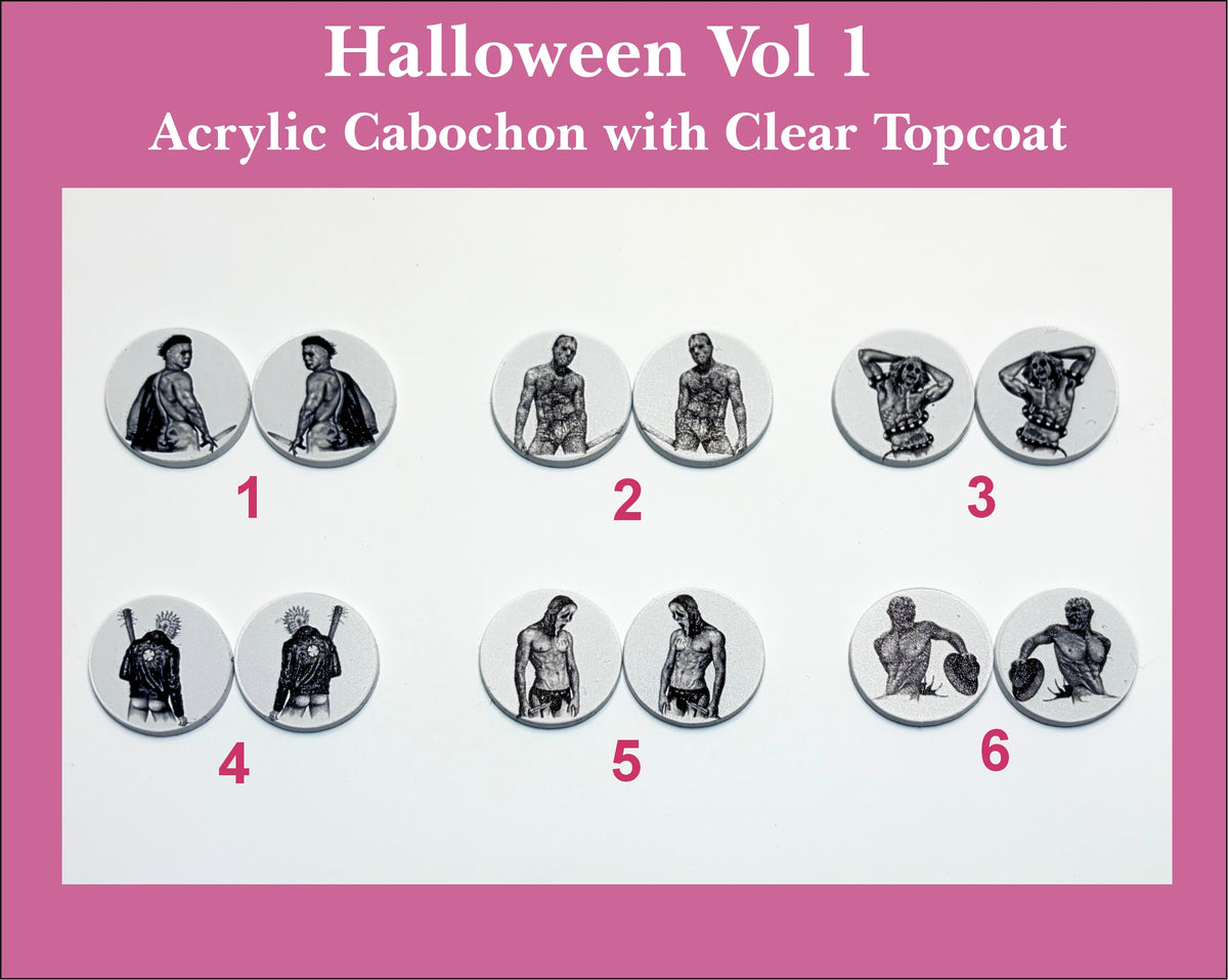 Six pairs of round UV-printed acrylic Halloween cabochons (cabs) with black and white sketches of shirtless horror villains