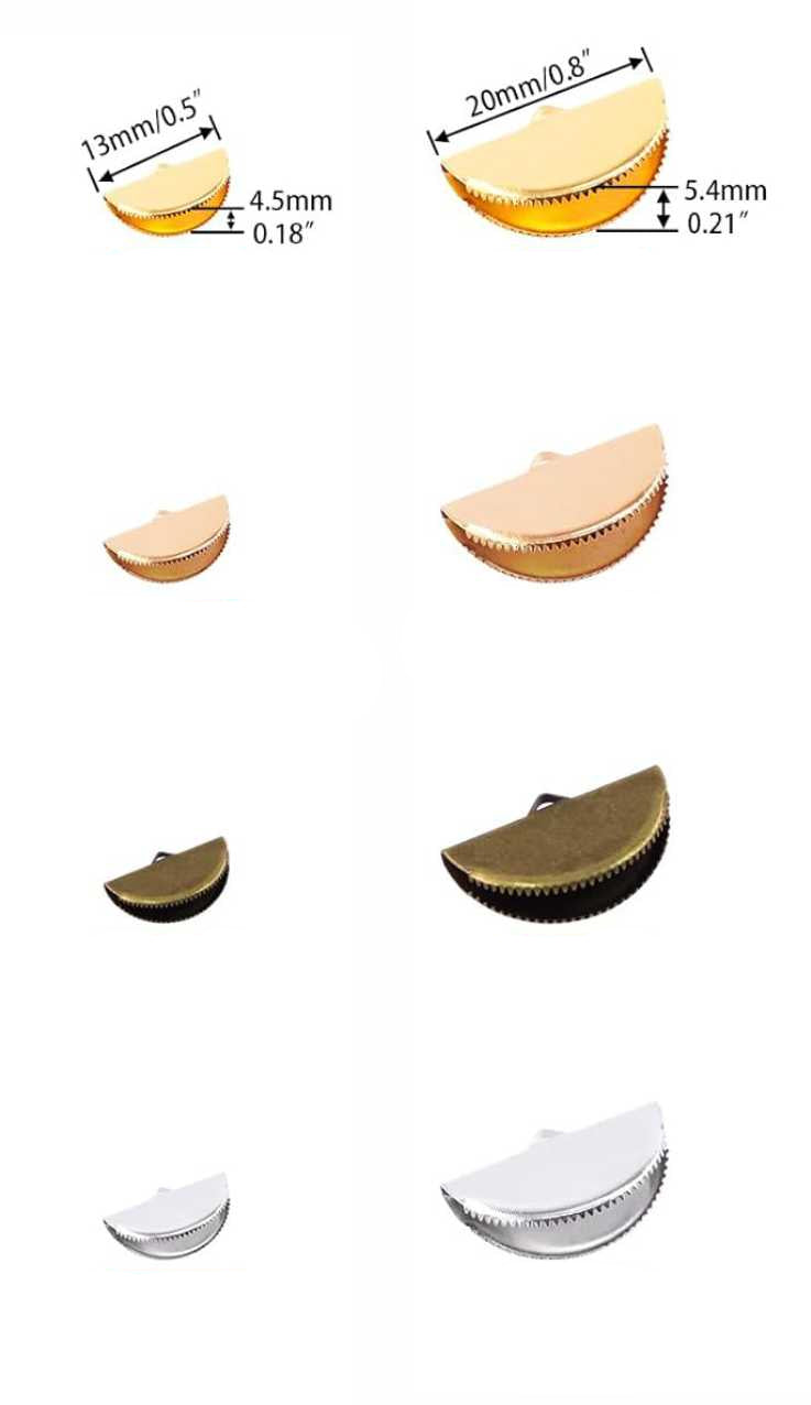 Pinch crimp ends in five colours with 13mm and 20mm sizes laid out in rows