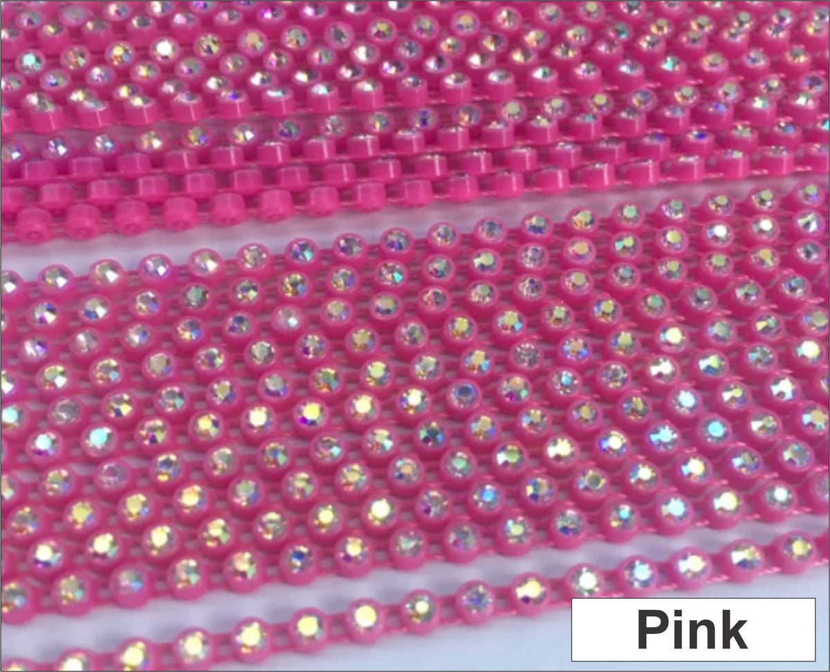 Close-up of rows of ss6 plastic cup rhinestone banding in pink with AB crystal stones