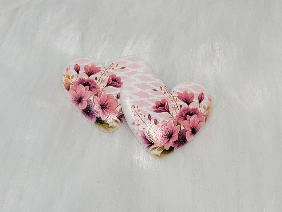 Pair of 37mm resin heart cabochons (cabs) in white with pink flowers