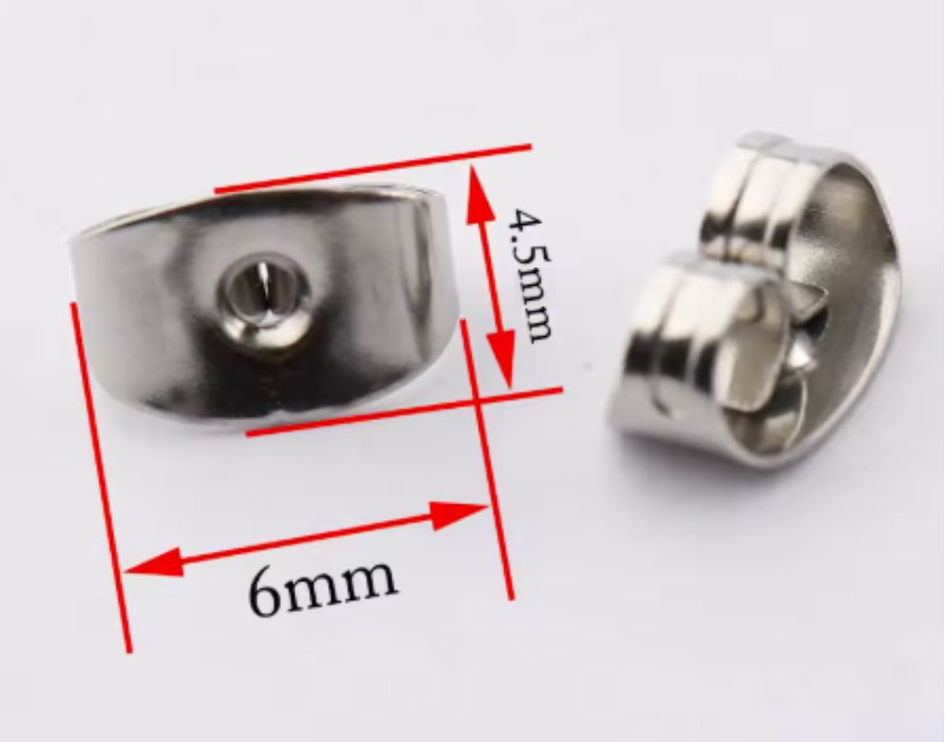 Two stainless steel stud post backs, one with a 6mm size marking