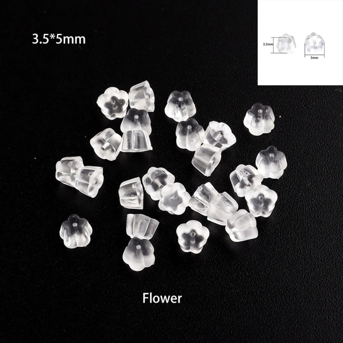 Clear 3.5 x 5mm flower-shaped rubber earring backs on black, with a size label