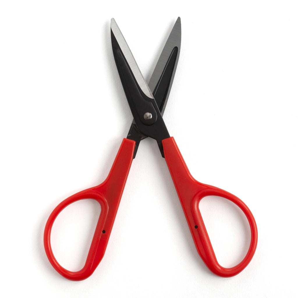 Craftool razor scissors with red handles, blades open on a white background