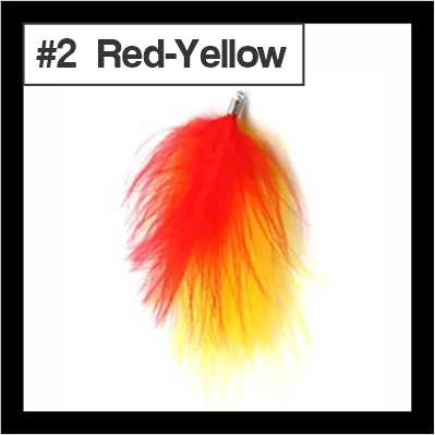Fluffy 8cm feather tassel blending red and yellow, with a silver-tone cap, labelled #2