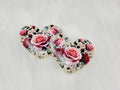 Pair of 37mm resin heart cabochons (cabs) in cream with pink roses and green leaves