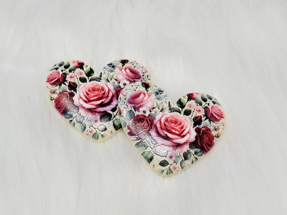 Pair of 37mm resin heart cabochons (cabs) in cream with pink roses and green leaves