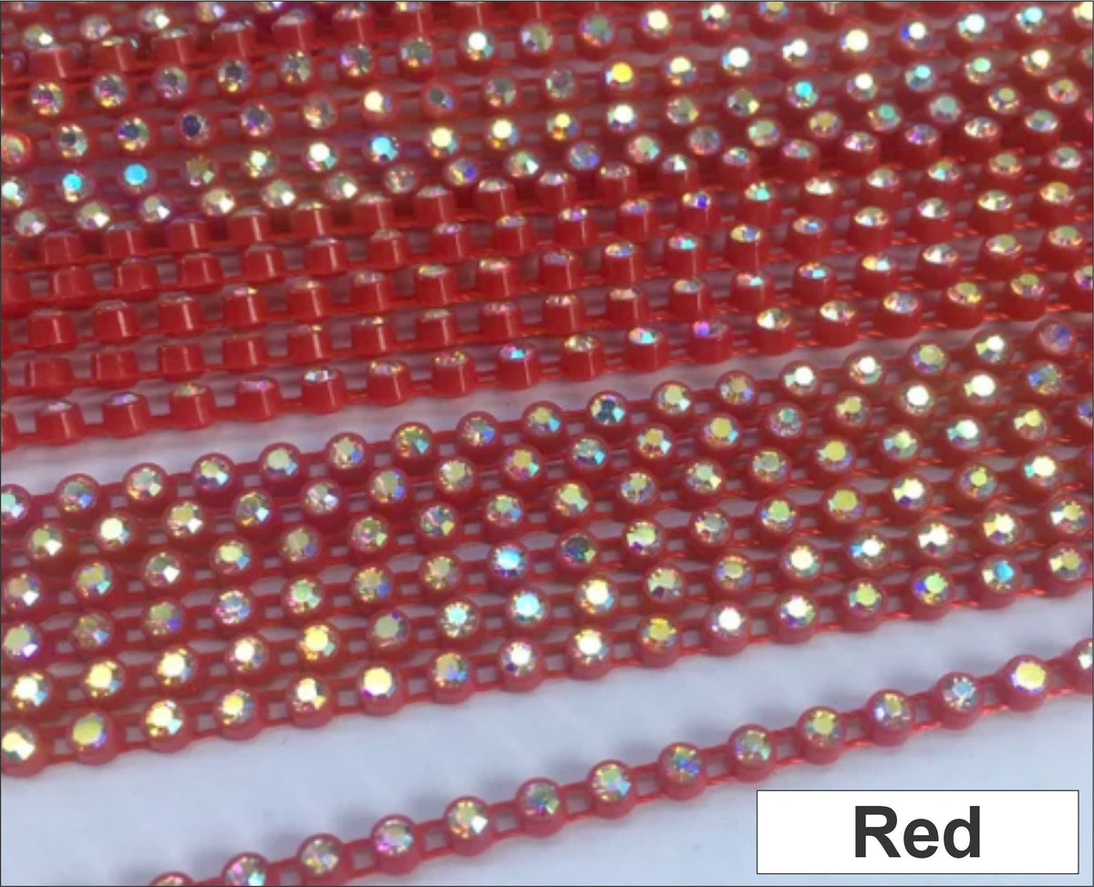 Close-up of rows of ss6 plastic cup rhinestone banding in red with AB crystal stones