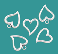 Silver-tone open 15 x 18mm heart charms on a teal background