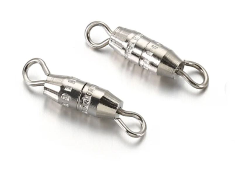 Two rhodium barrel swivel clasps with a loop at each end, on a white background
