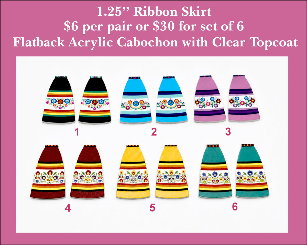 Six pairs of 1.25 inch acrylic ribbon skirt cabochons (cabs) in black, blue, lilac, maroon, yellow and teal with floral bands