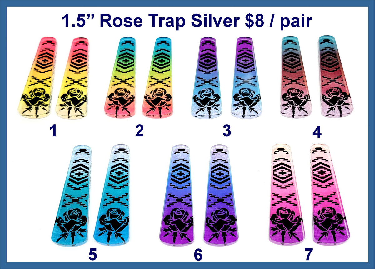 Seven pairs of black acrylic rose trap cabochons with dark roses over ombre colours
