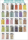 Chart of 27 options for ss6 rose gold chain rhinestone banding, including crystal, coloured and AB stones