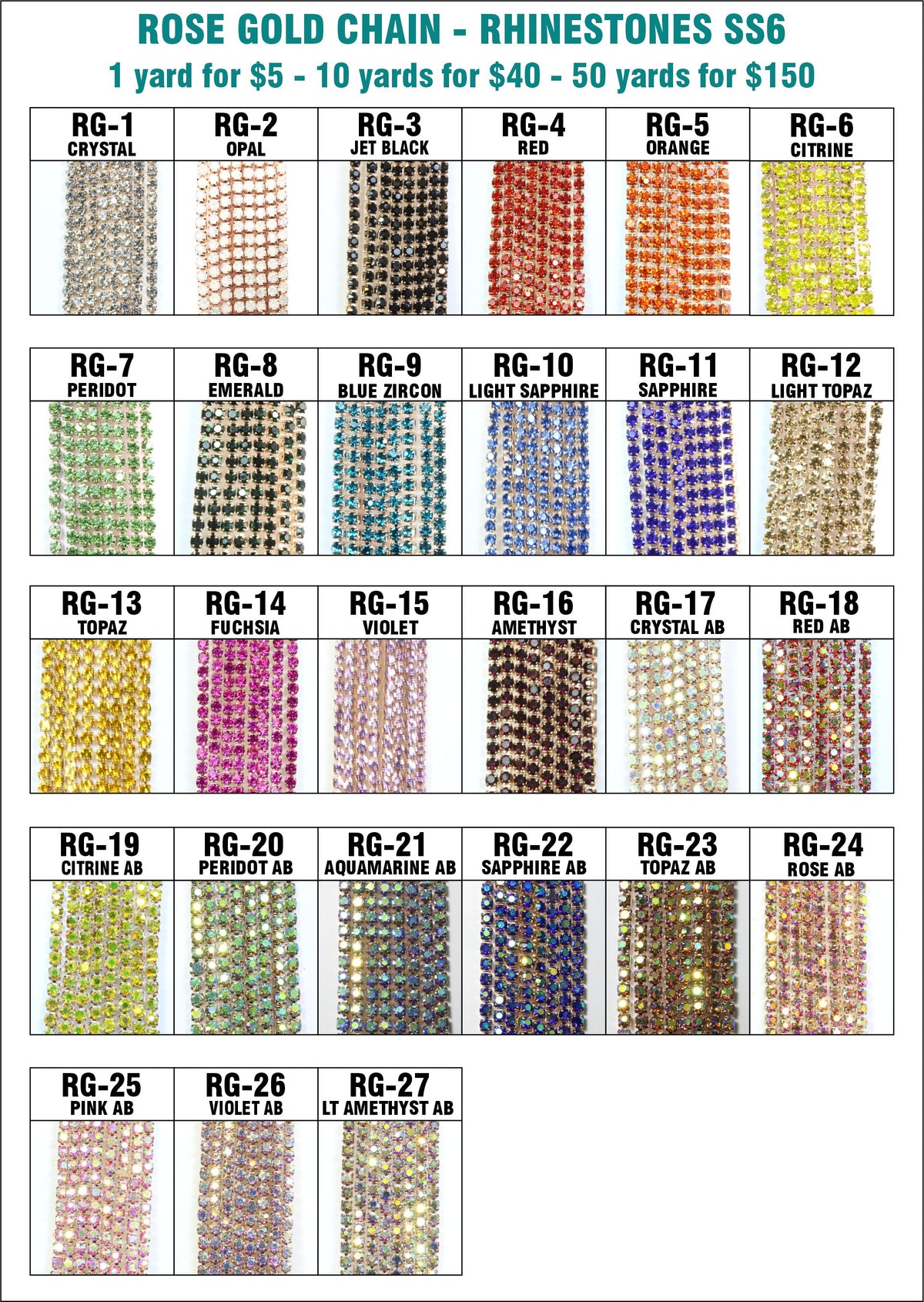 Chart of 27 options for ss6 rose gold chain rhinestone banding, including crystal, coloured and AB stones
