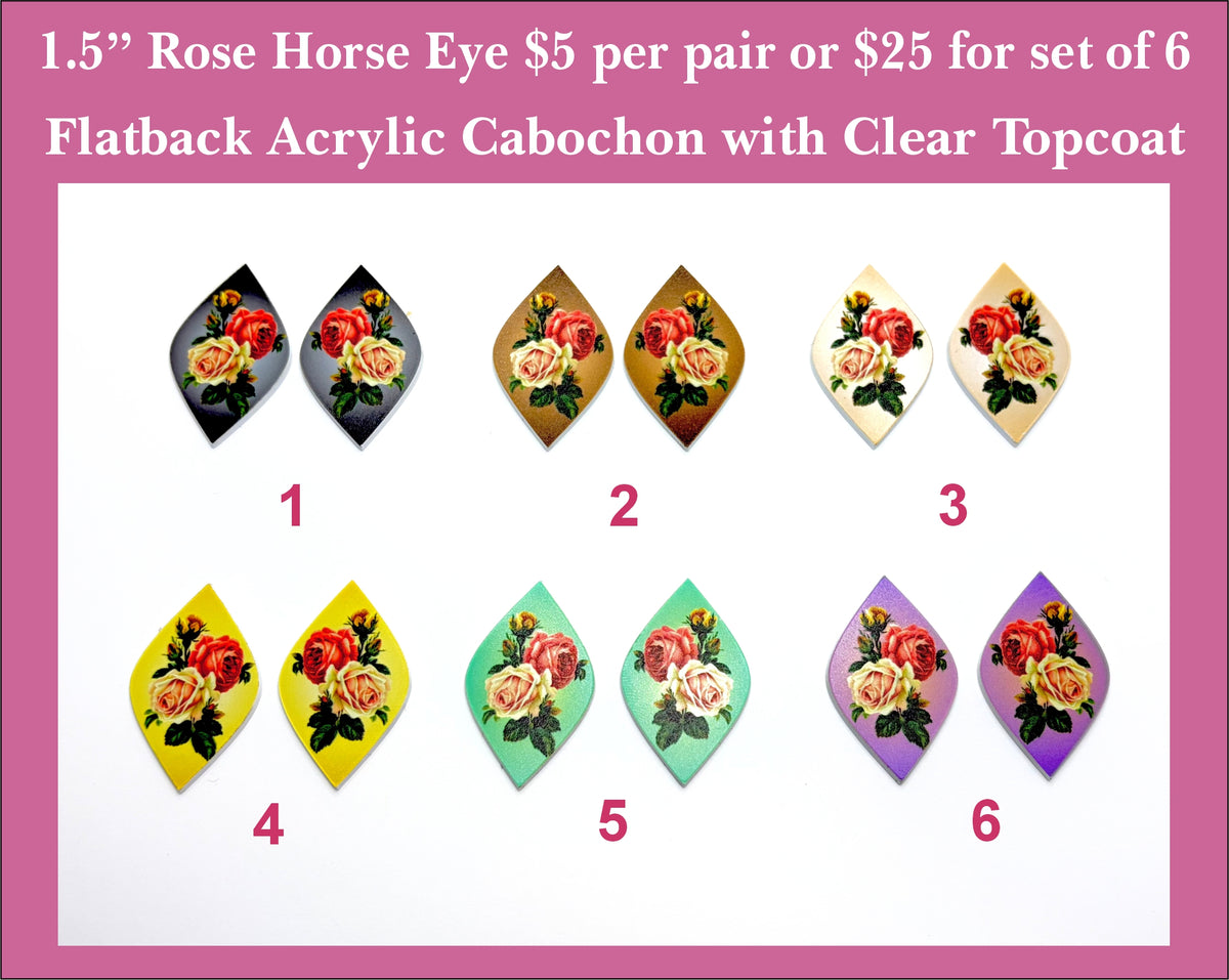Six pairs of 1.5 inch UV-printed acrylic rose horse eye cabochons (cabs) in black, gold, cream and pastels