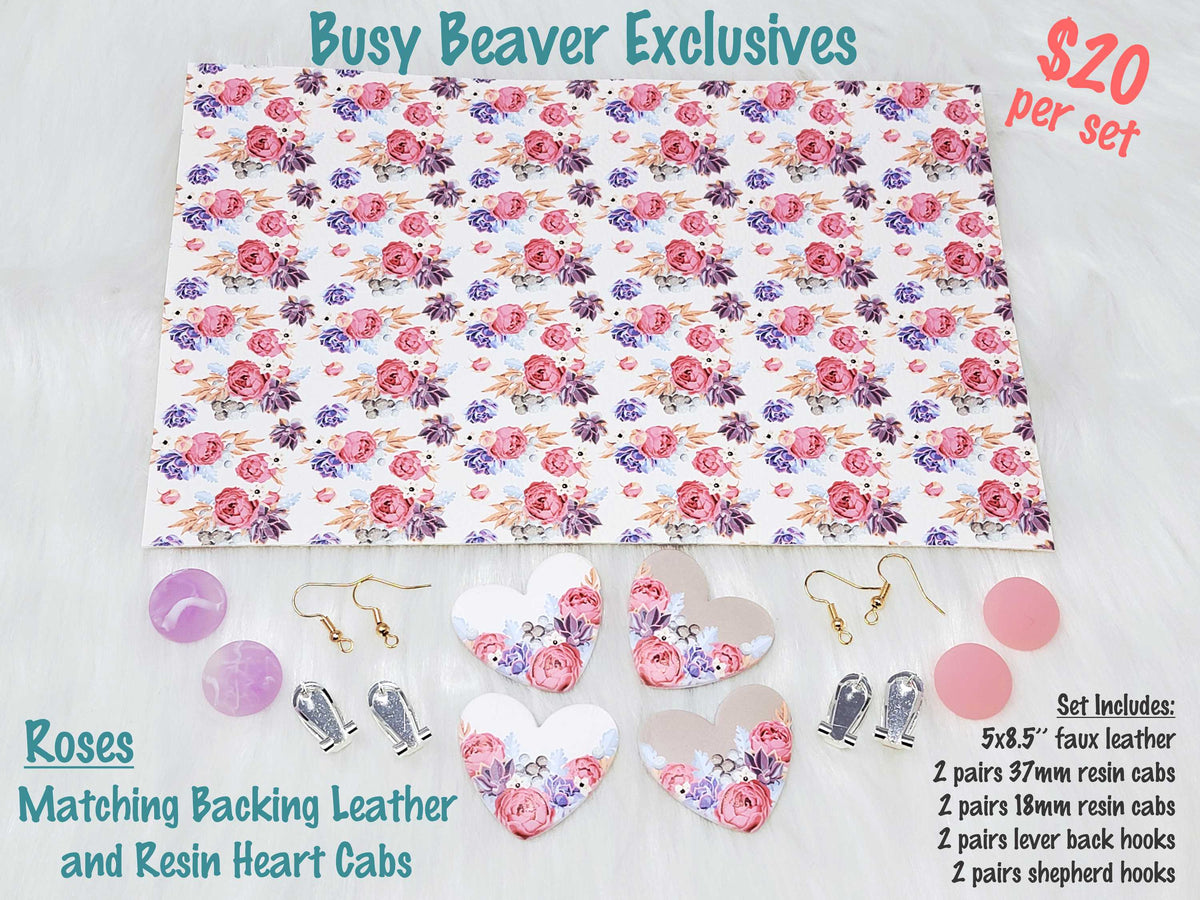 5 x 8.5 inch roses faux leather with matching 37mm heart and 18mm resin cabochons (cabs) and hooks