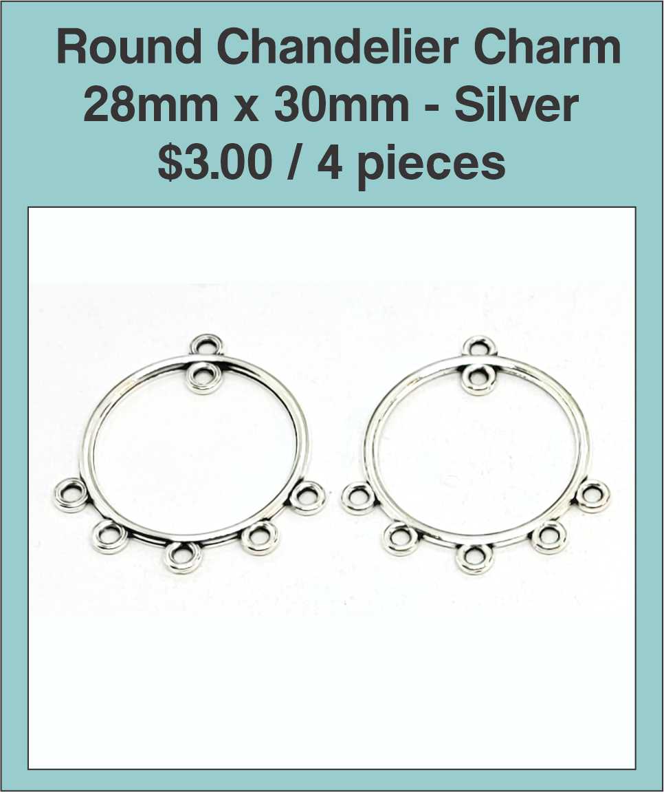 Two silver-tone 28 x 30mm round chandelier charms with loops along the bottom