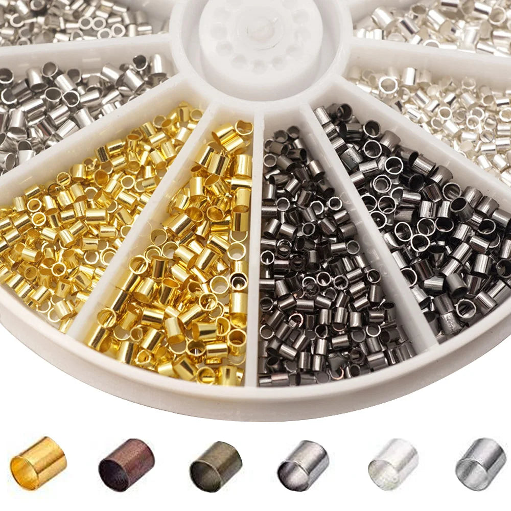 Wheel case of crimp tubes with gold, copper, gunmetal and silver tubes lined up in front