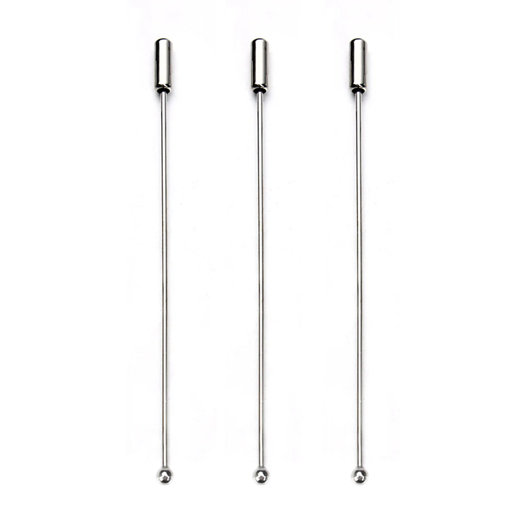 Three long silver hat or brooch pins with round ends on a white background