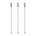Three long silver hat or brooch pins with round ends on a white background