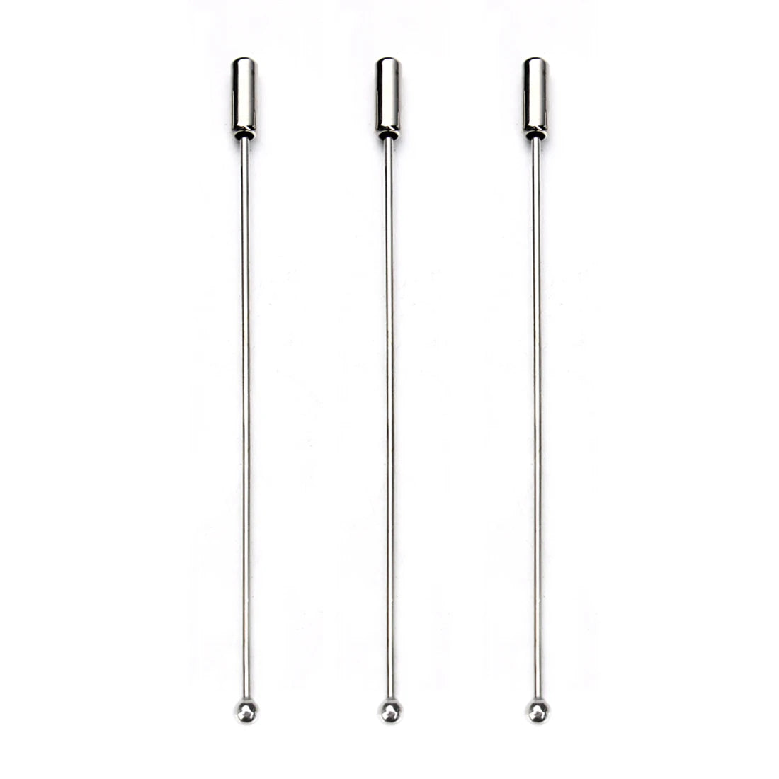 Three long silver hat or brooch pins with round ends on a white background