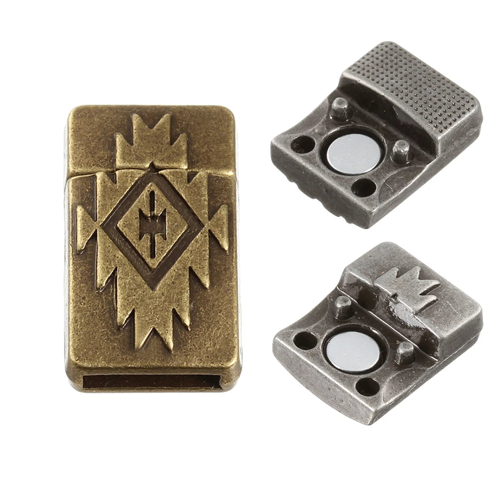 Bronze 2 x 10mm magnetic clasp beside an open gunmetal clasp showing the magnets inside