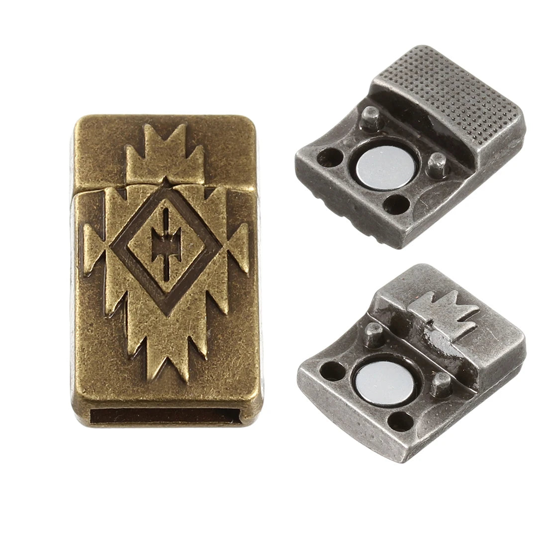 Bronze 2 x 10mm magnetic clasp beside an open gunmetal clasp showing the magnets inside