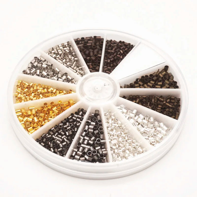 Round divided case of mixed metal crimp tubes in silver, gold, copper and gunmetal tones