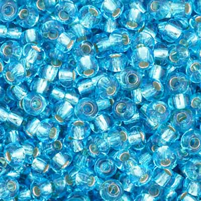 Close-up of Preciosa 11/0 Czech glass seed beads in silver-lined aqua