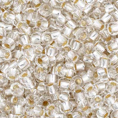 Close-up of Preciosa 11/0 Czech glass seed beads in silver-lined crystal