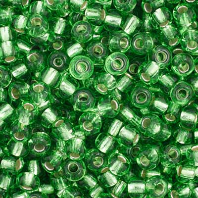 Close-up of Preciosa 11/0 Czech glass seed beads in silver-lined lime green