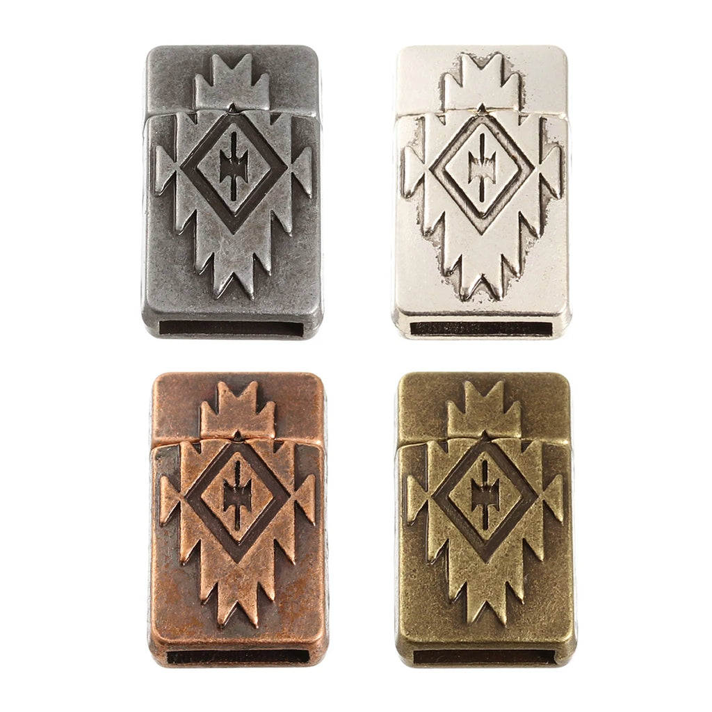 Four 2 x 10mm magnetic clasps with a raised geometric design in gunmetal, silver, copper and bronze
