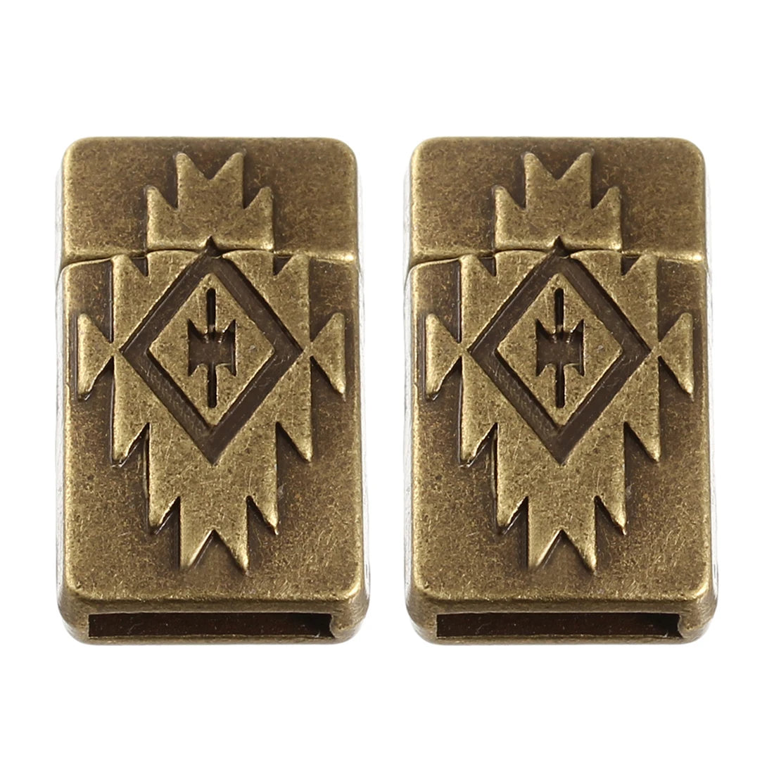 Two bronze 2 x 10mm magnetic clasps with a raised geometric design