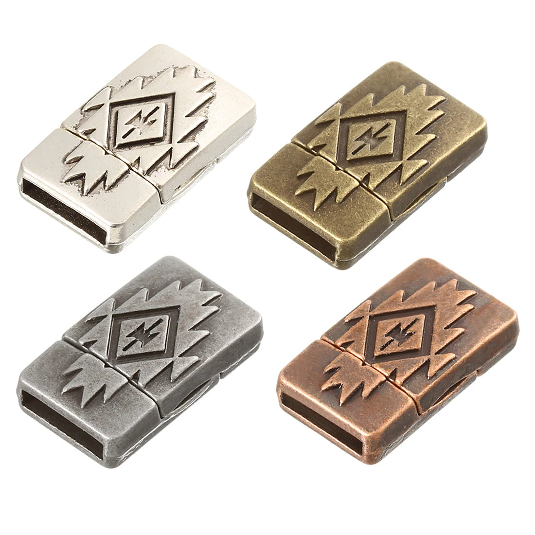Closed 2 x 10mm magnetic clasps in silver, bronze, gunmetal and copper shown at an angle