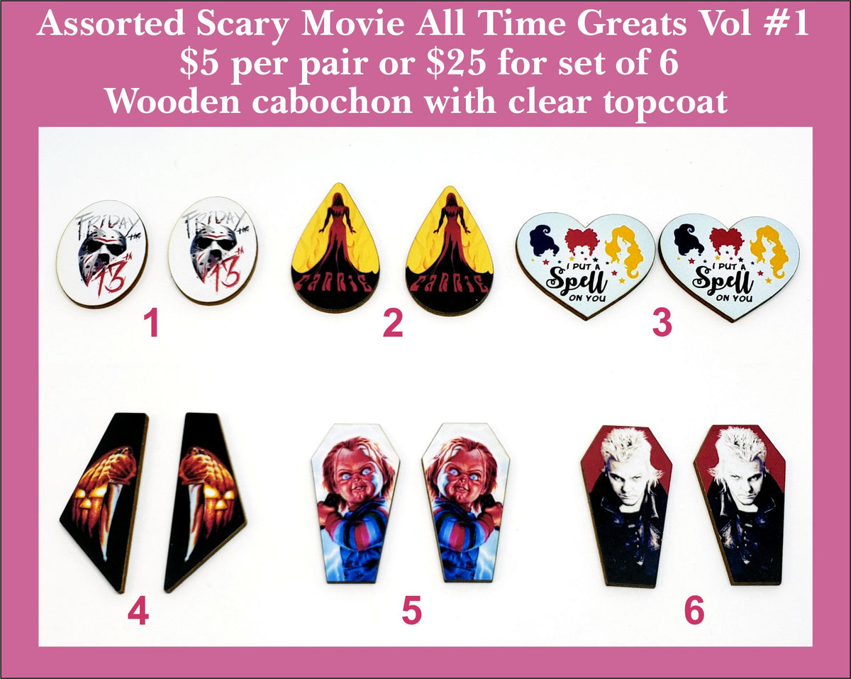 Six pairs of cabochons (cabs) with horror movie characters and quotes, Vol 1