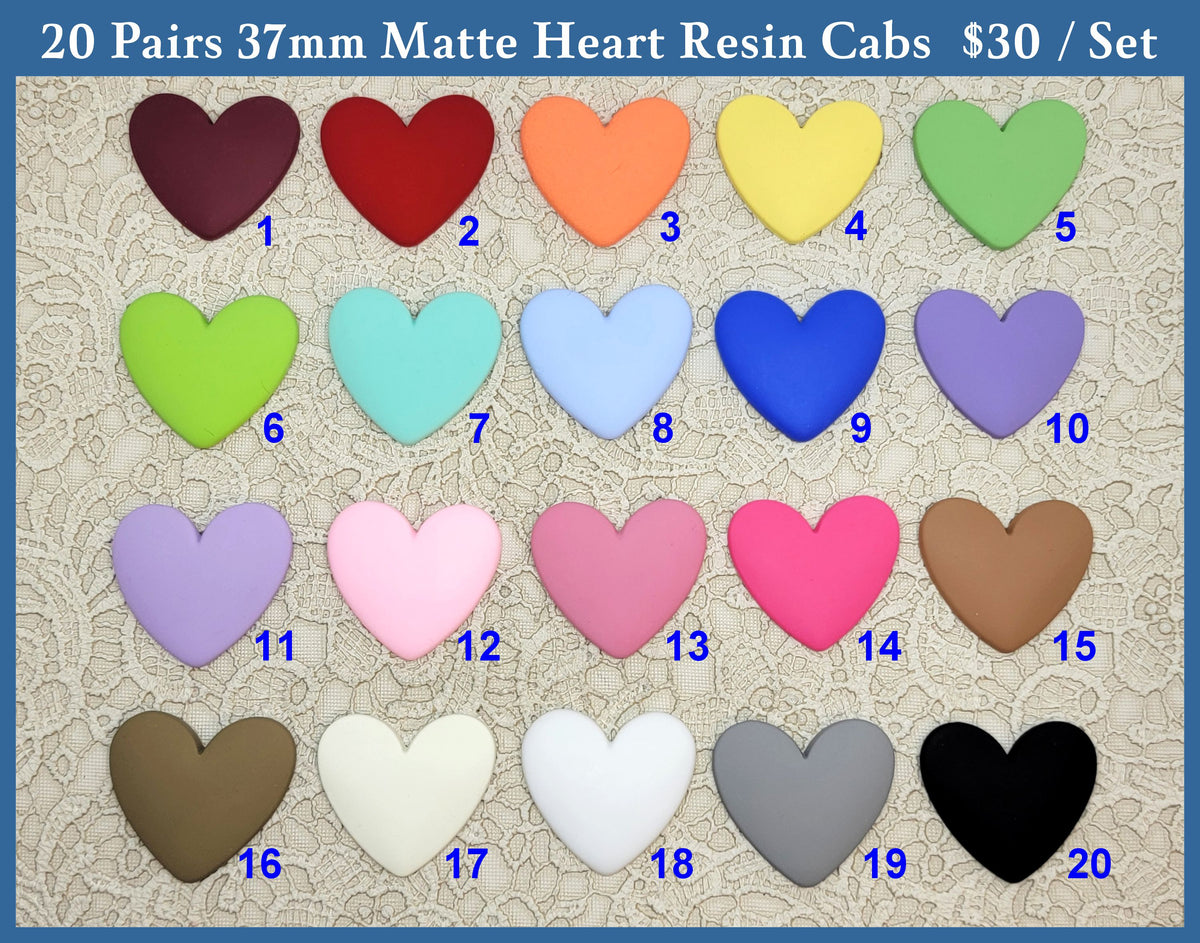 Set of 20 pairs of 37mm matte resin heart cabochons (cabs) in numbered colours #1 to #20