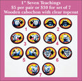 Seven pairs of 1 inch round Seven Teachings cabochons (cabs) with bear, Big Foot, bison, eagle, turtle, wolf and beaver
