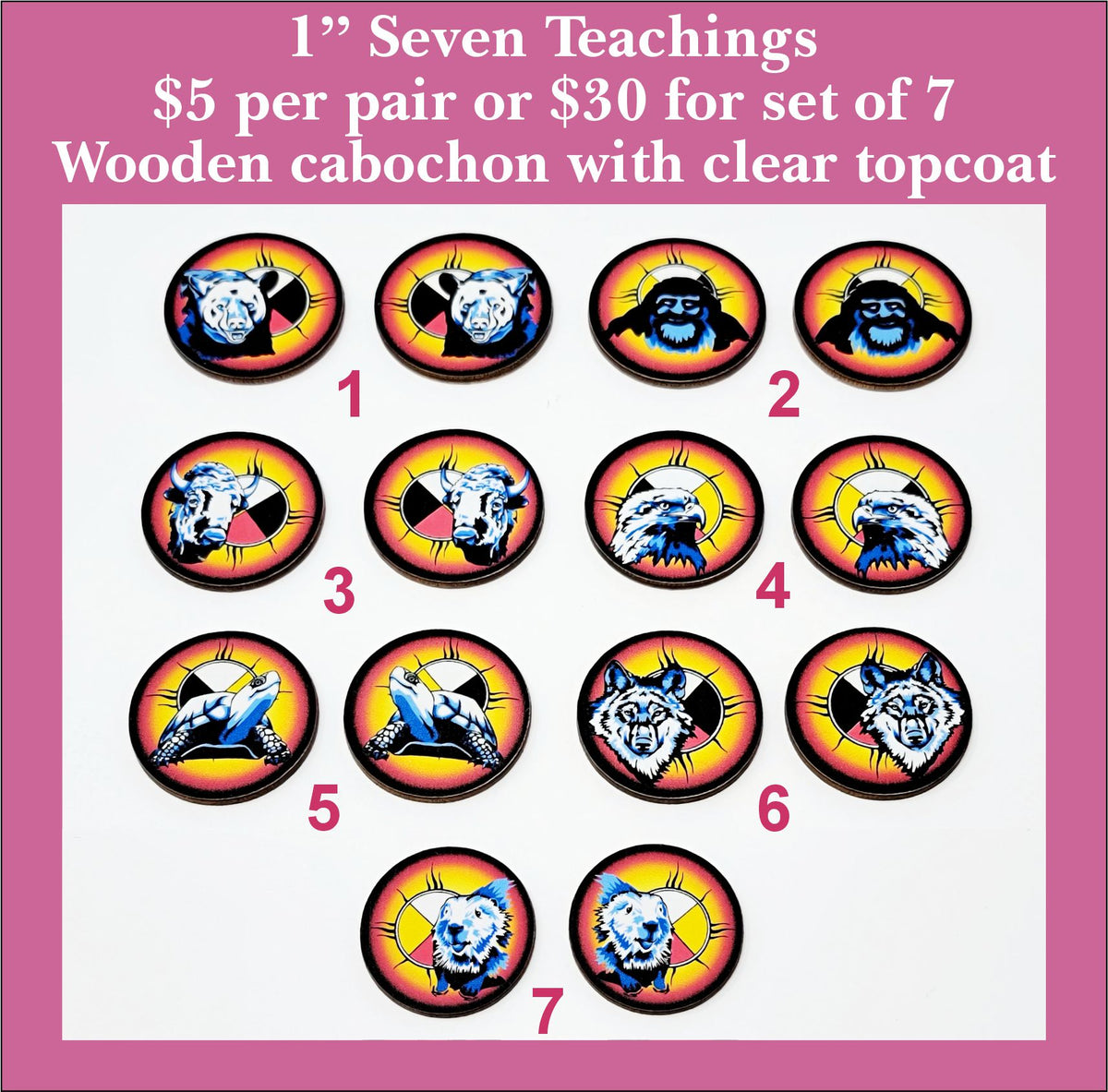 Seven pairs of 1 inch round Seven Teachings cabochons (cabs) with bear, Big Foot, bison, eagle, turtle, wolf and beaver