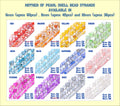 Chart of dyed mother of pearl heart bead strands in 12 colours, from red and orange to grey and white
