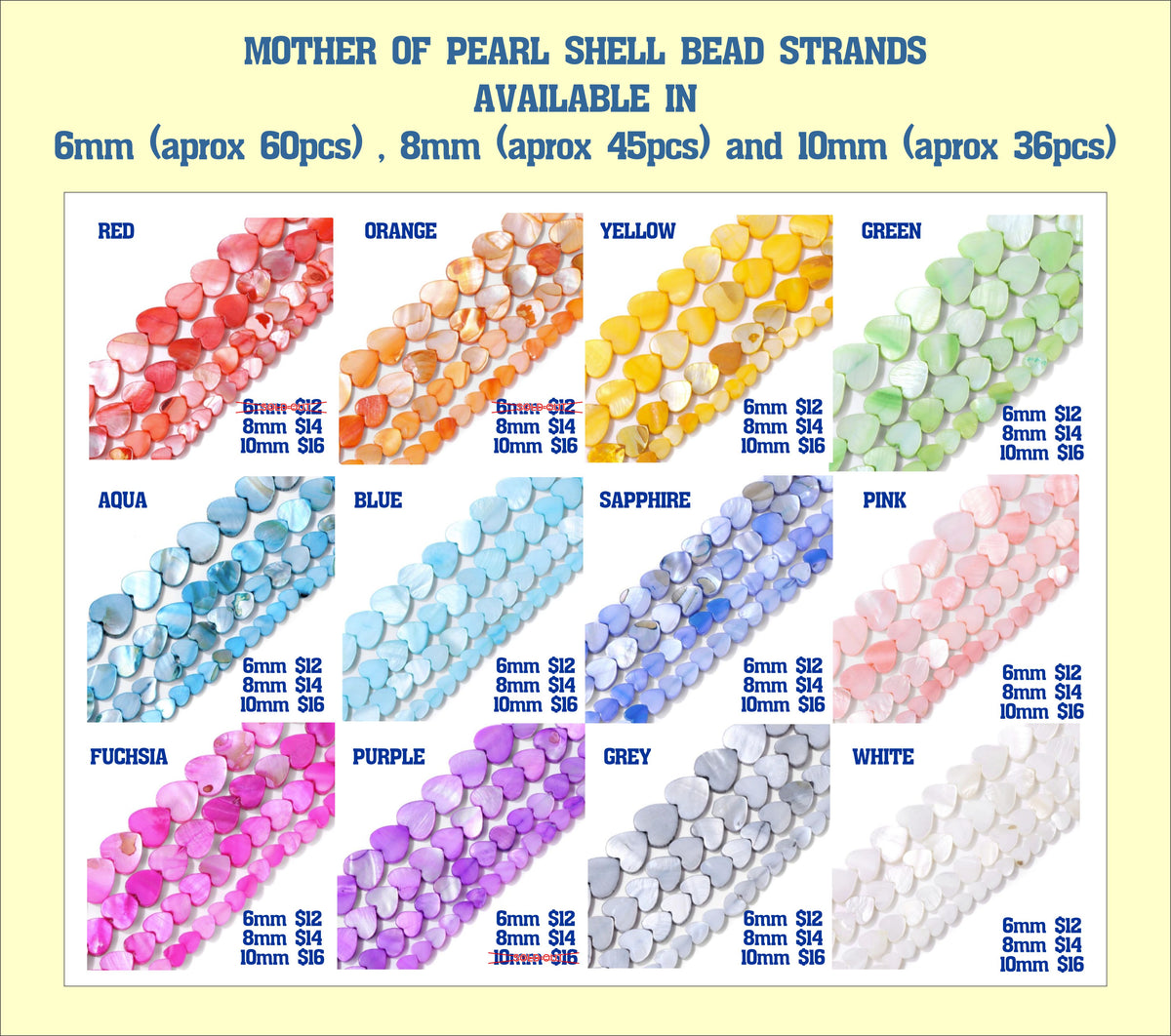 Chart of dyed mother of pearl heart bead strands in 12 colours, from red and orange to grey and white