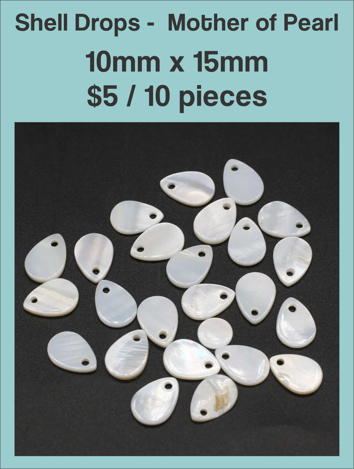 Mother of pearl teardrop pendants, 10 x 15mm, with a drill hole, on a dark background